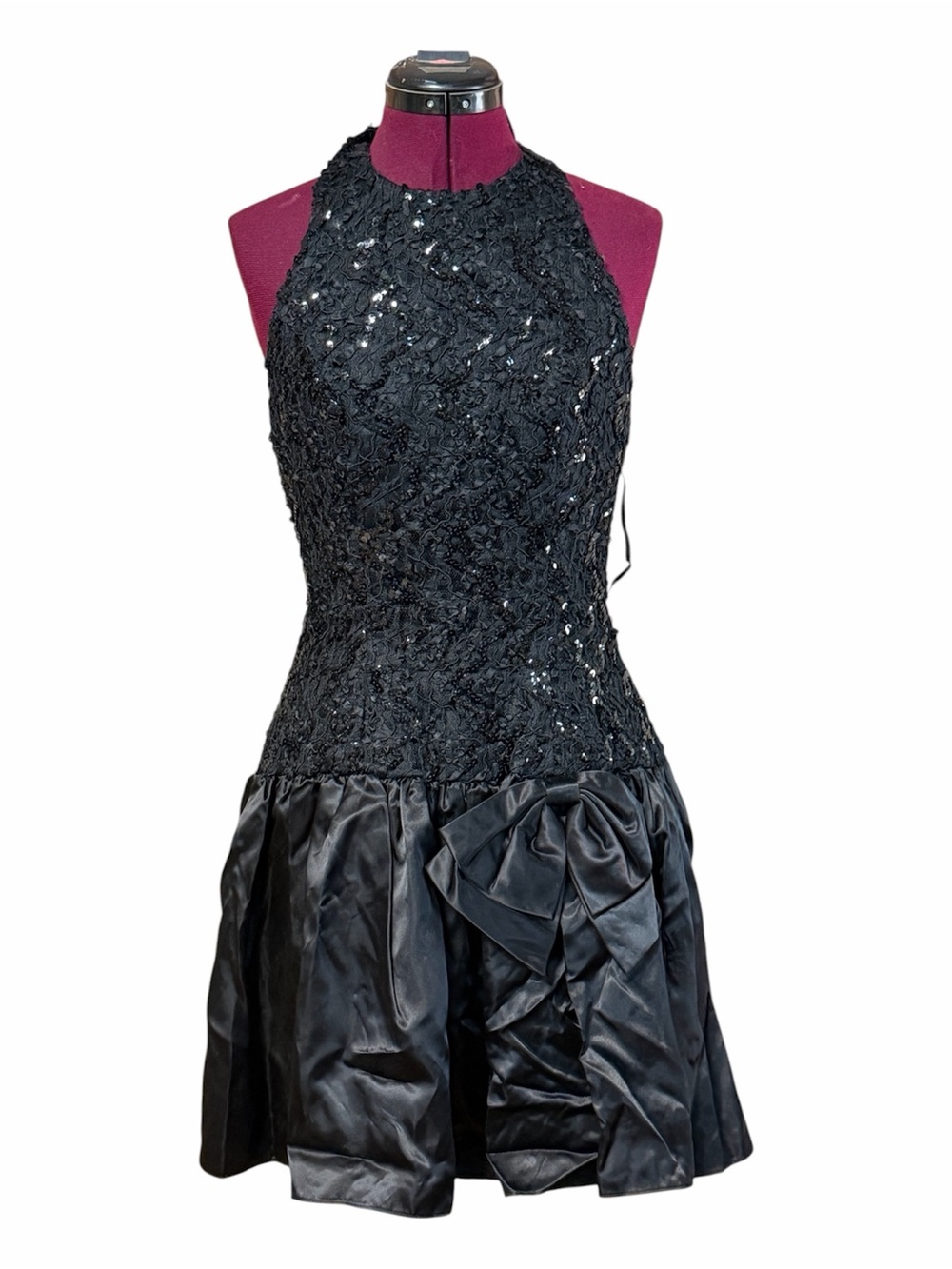 Scarlett Nite Black Embellished Sequin Halter Satin Mini Dress 80’s Prom